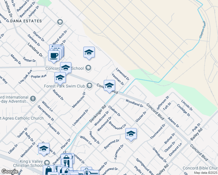 map of restaurants, bars, coffee shops, grocery stores, and more near 4367 Concord Boulevard in Concord
