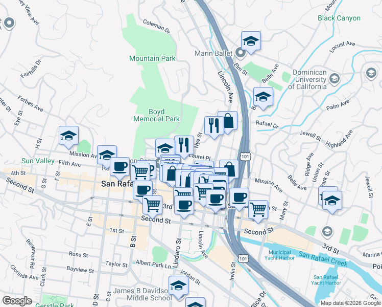map of restaurants, bars, coffee shops, grocery stores, and more near 132 Laurel Place in San Rafael