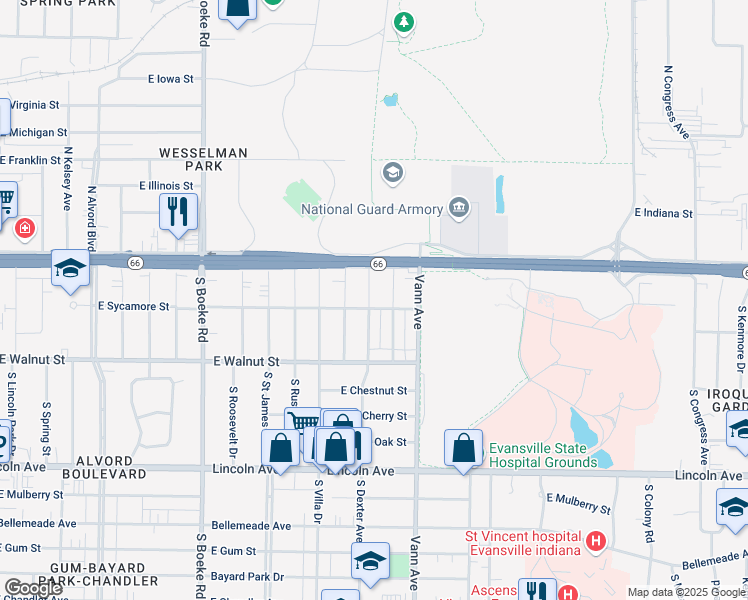 map of restaurants, bars, coffee shops, grocery stores, and more near 116 South Dexter Avenue in Evansville