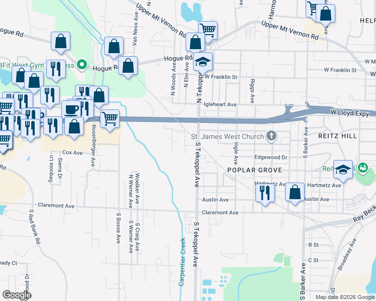 map of restaurants, bars, coffee shops, grocery stores, and more near 406 South Elm Avenue in Evansville