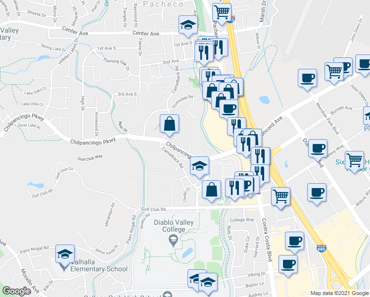 map of restaurants, bars, coffee shops, grocery stores, and more near 250 Chilpancingo Parkway in Pleasant Hill