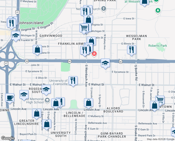 map of restaurants, bars, coffee shops, grocery stores, and more near 121 South Weinbach Avenue in Evansville