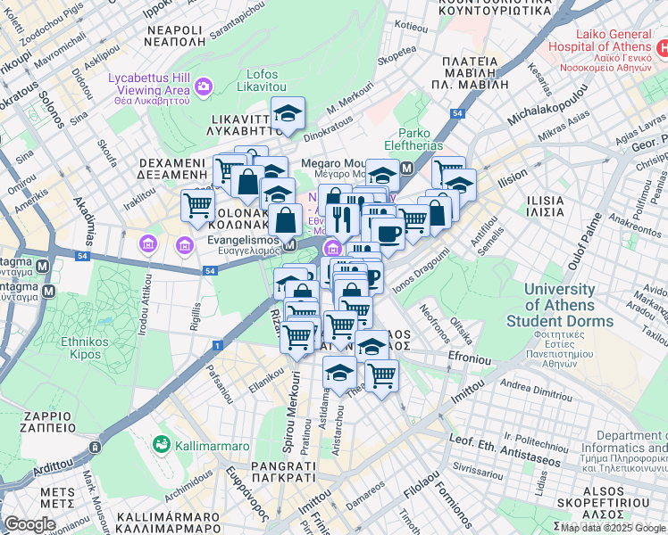 map of restaurants, bars, coffee shops, grocery stores, and more near in Athina