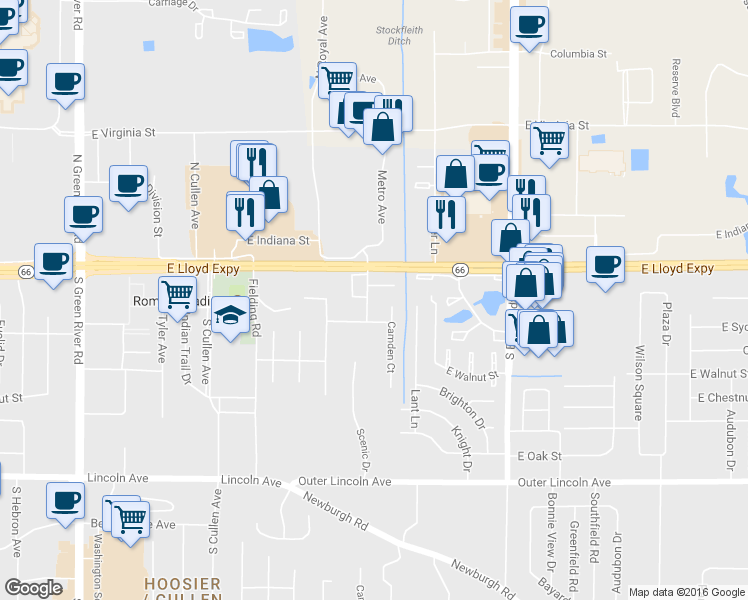 map of restaurants, bars, coffee shops, grocery stores, and more near 28 Brentwood Drive in Evansville