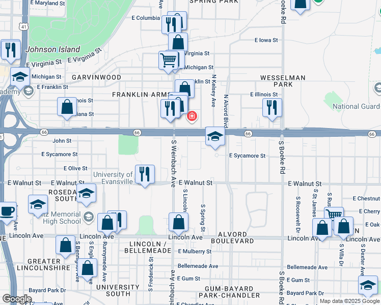 map of restaurants, bars, coffee shops, grocery stores, and more near 118 South Lincoln Park Drive in Evansville