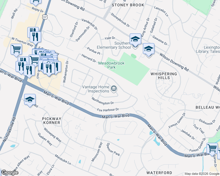 map of restaurants, bars, coffee shops, grocery stores, and more near 316 Chamberlain Drive in Lexington