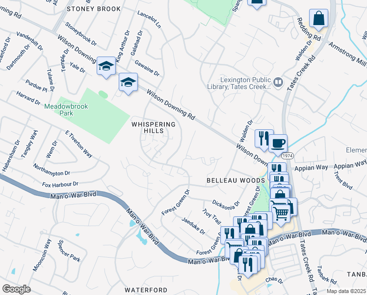 map of restaurants, bars, coffee shops, grocery stores, and more near 489 Whispering Hills Drive in Lexington