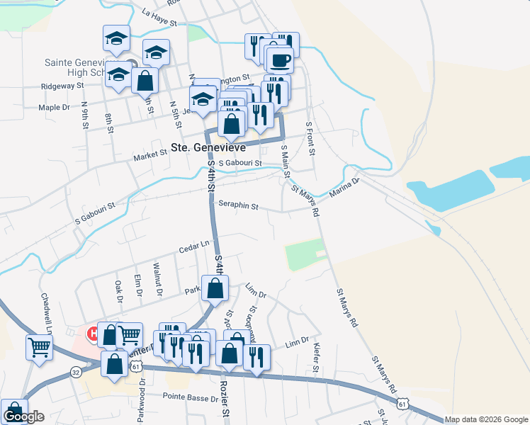 map of restaurants, bars, coffee shops, grocery stores, and more near 300 Hillcrest Drive in Ste. Genevieve