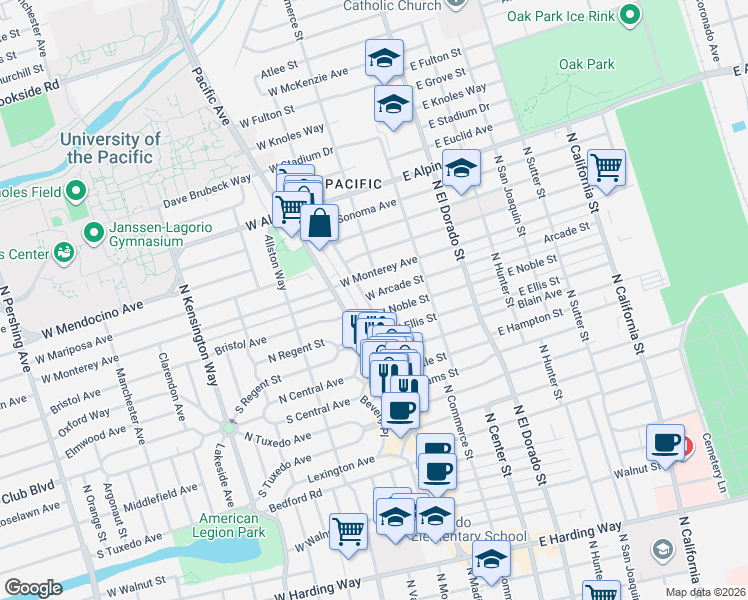 map of restaurants, bars, coffee shops, grocery stores, and more near 96 West Arcade Street in Stockton