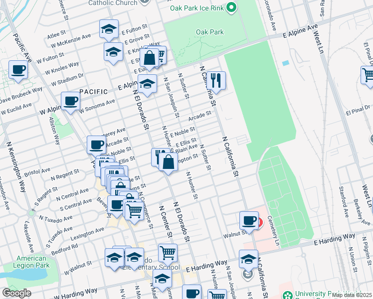 map of restaurants, bars, coffee shops, grocery stores, and more near 2427 North San Joaquin Street in Stockton