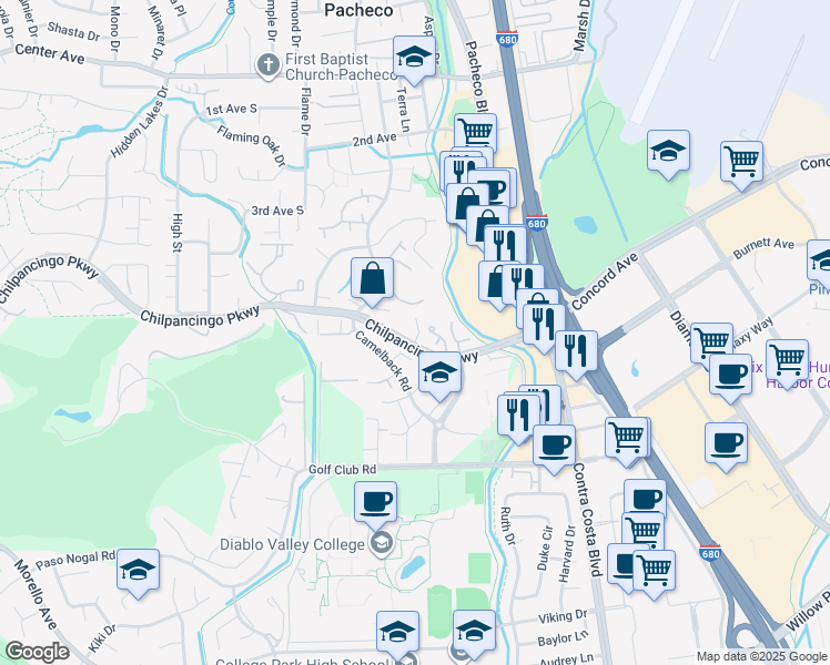 map of restaurants, bars, coffee shops, grocery stores, and more near 250 Chilpancingo Parkway in Pleasant Hill