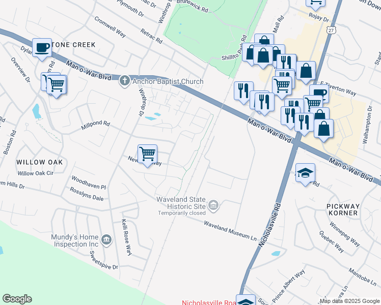 map of restaurants, bars, coffee shops, grocery stores, and more near 423 Newbury Way in Lexington
