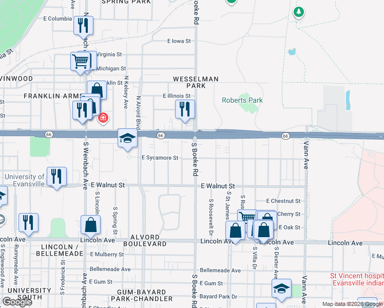 map of restaurants, bars, coffee shops, grocery stores, and more near 113 South Boeke Road in Evansville