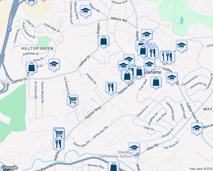 map of restaurants, bars, coffee shops, grocery stores, and more near 4011 Sunhill Circle in El Sobrante