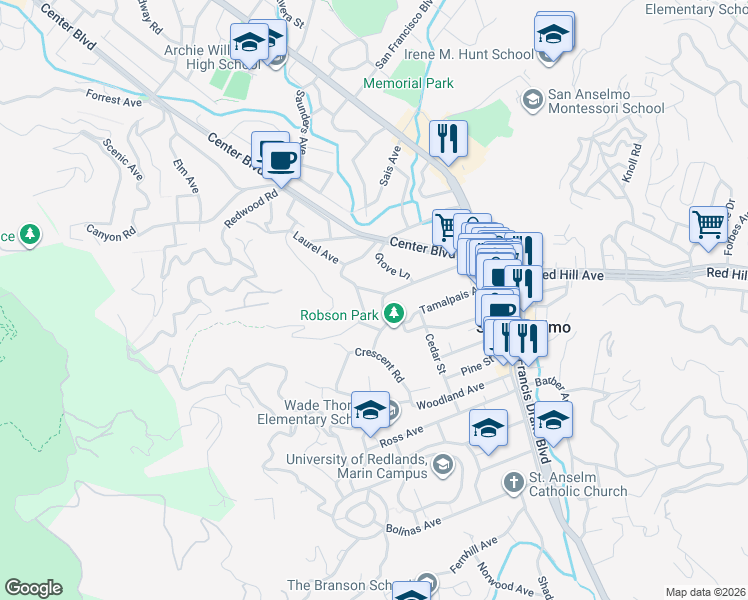 map of restaurants, bars, coffee shops, grocery stores, and more near 7 Myrtle Lane in San Anselmo