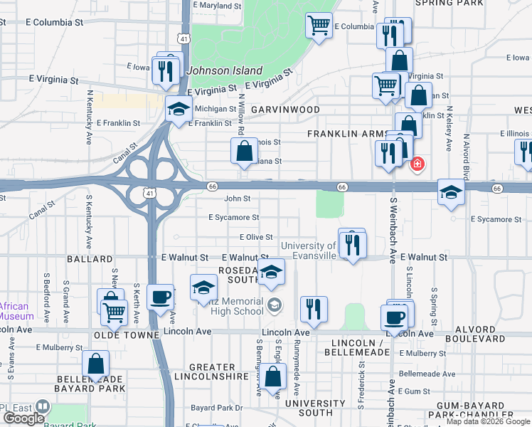 map of restaurants, bars, coffee shops, grocery stores, and more near 1506 East Sycamore Street in Evansville