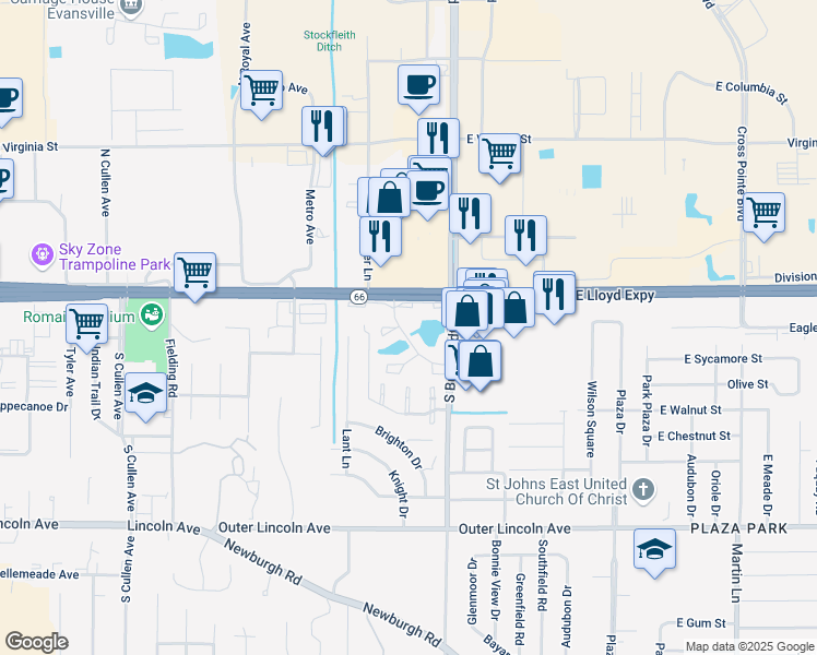 map of restaurants, bars, coffee shops, grocery stores, and more near 100 Williamsburg Drive in Evansville