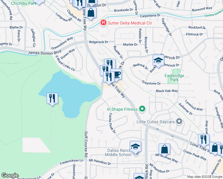 map of restaurants, bars, coffee shops, grocery stores, and more near 4655 Golf Course Road in Antioch