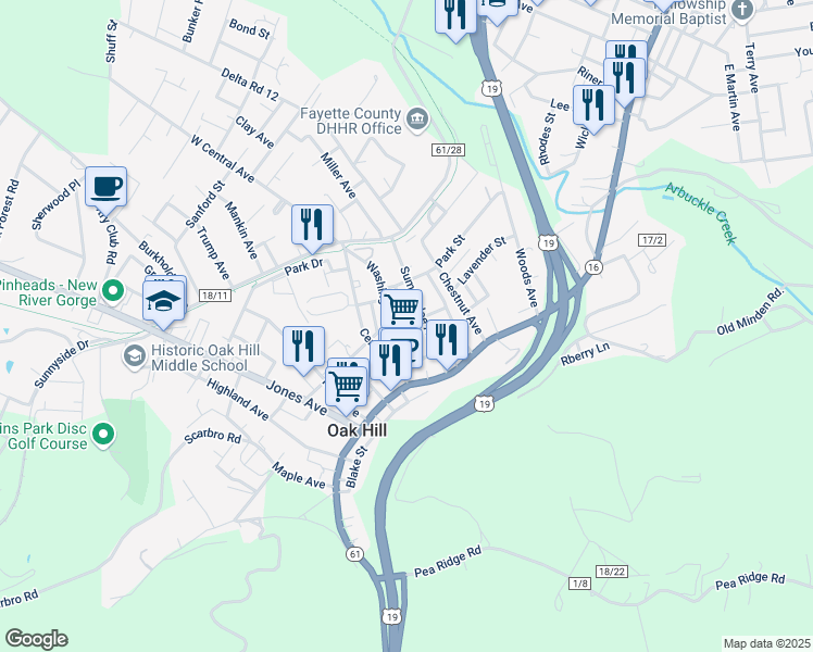 map of restaurants, bars, coffee shops, grocery stores, and more near 74 Washington Avenue in Oak Hill