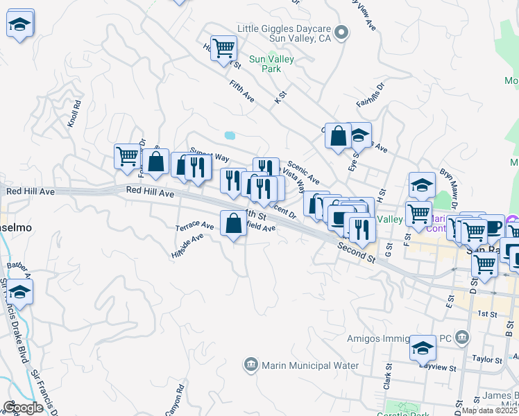 map of restaurants, bars, coffee shops, grocery stores, and more near 2060 4th Street in San Rafael