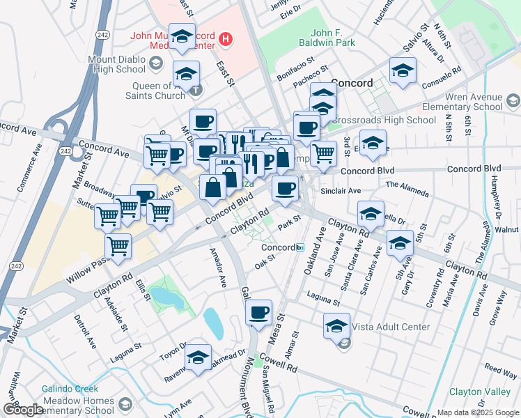map of restaurants, bars, coffee shops, grocery stores, and more near 1680 Grant Street in Concord