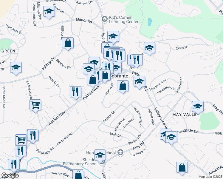 map of restaurants, bars, coffee shops, grocery stores, and more near 4162 Fran Way in Richmond