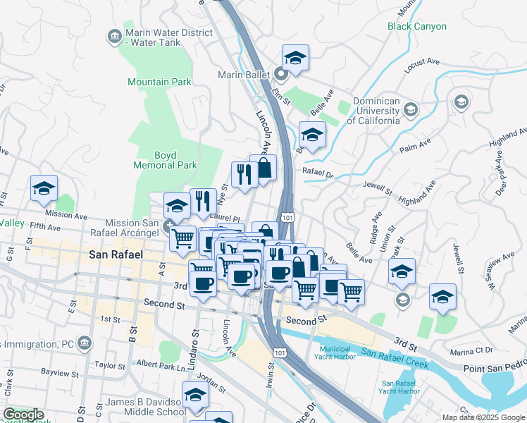 map of restaurants, bars, coffee shops, grocery stores, and more near 39 Stevens Place in San Rafael
