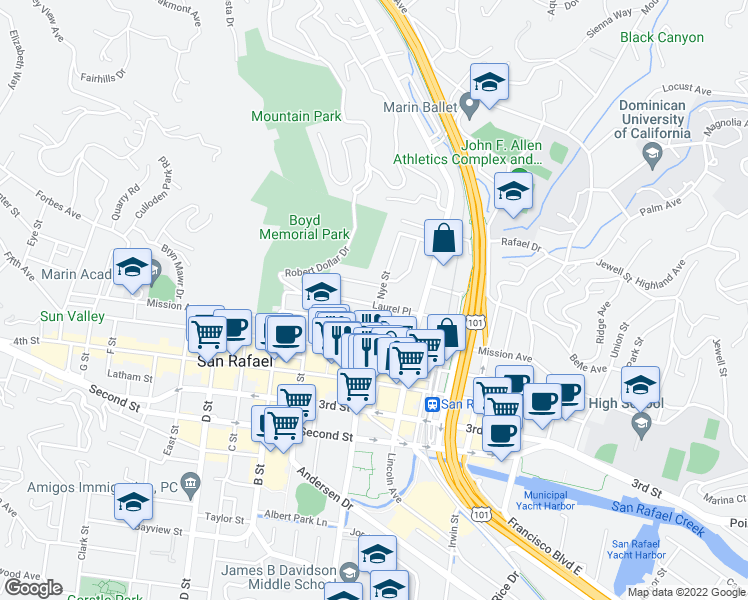 map of restaurants, bars, coffee shops, grocery stores, and more near 132 Laurel Place in San Rafael