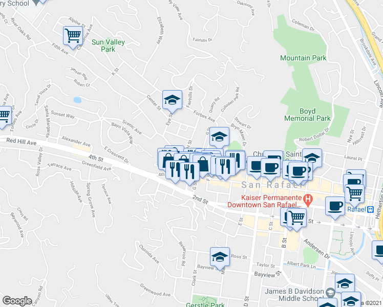 map of restaurants, bars, coffee shops, grocery stores, and more near 1721 Mission Avenue in San Rafael