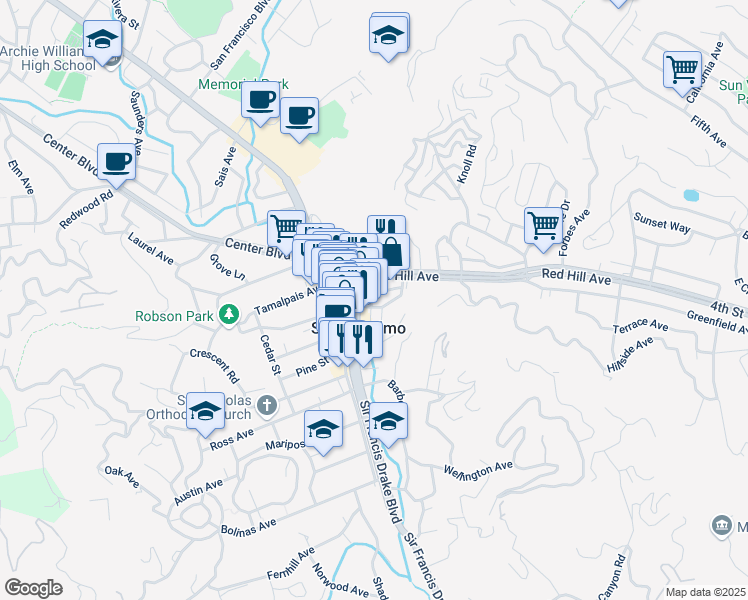 map of restaurants, bars, coffee shops, grocery stores, and more near 20 Lincoln Park in San Anselmo