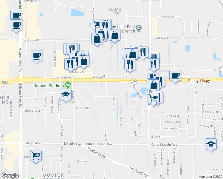 map of restaurants, bars, coffee shops, grocery stores, and more near 28 Brentwood Drive in Evansville