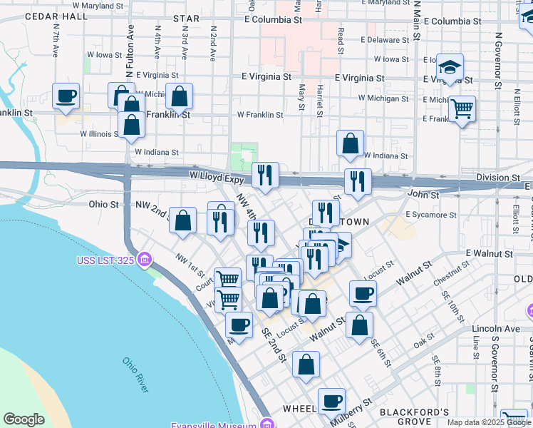 map of restaurants, bars, coffee shops, grocery stores, and more near 409 Ingle St in Evansville