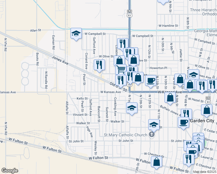 map of restaurants, bars, coffee shops, grocery stores, and more near 1102 Summit Street in Garden City