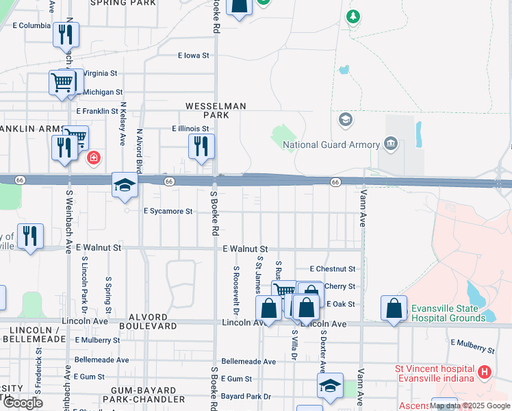 map of restaurants, bars, coffee shops, grocery stores, and more near 113 South Saint James Boulevard in Evansville