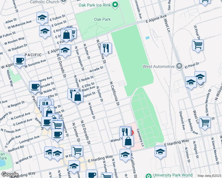 map of restaurants, bars, coffee shops, grocery stores, and more near 477 East Hampton Street in Stockton