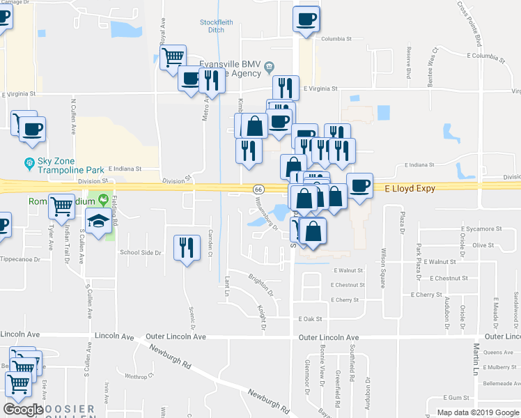 map of restaurants, bars, coffee shops, grocery stores, and more near 6114 Richmond Court in Evansville