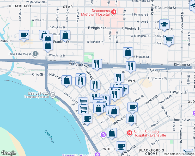 map of restaurants, bars, coffee shops, grocery stores, and more near 409 Ingle St in Evansville