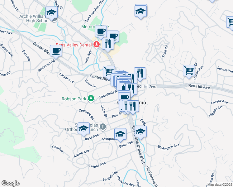 map of restaurants, bars, coffee shops, grocery stores, and more near in San Anselmo