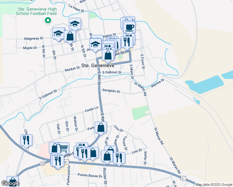 map of restaurants, bars, coffee shops, grocery stores, and more near 250 Seraphin Street in Ste. Genevieve
