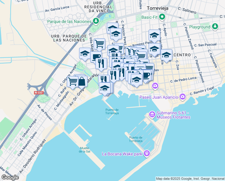 map of restaurants, bars, coffee shops, grocery stores, and more near 7 Calle Salero in Torrevieja