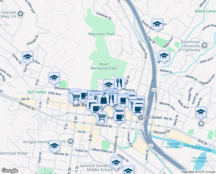 map of restaurants, bars, coffee shops, grocery stores, and more near 1122 Mission Avenue in San Rafael