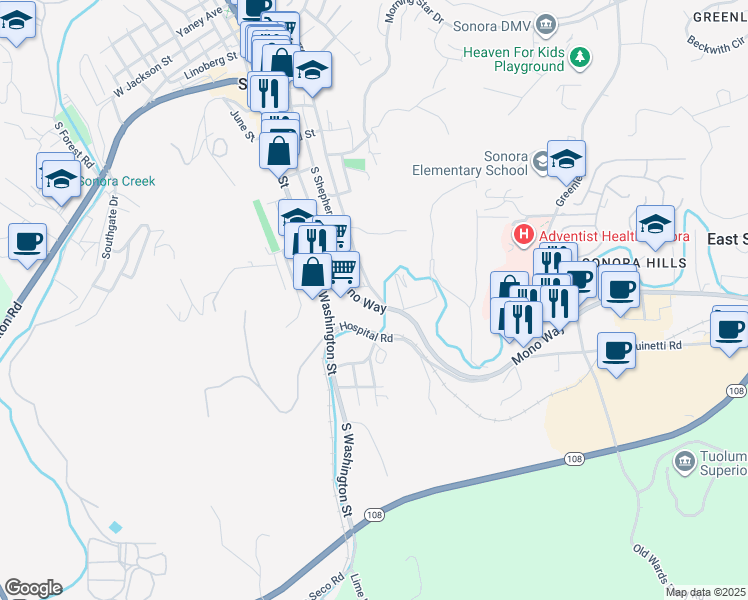 map of restaurants, bars, coffee shops, grocery stores, and more near 732 Barretta Street in Sonora