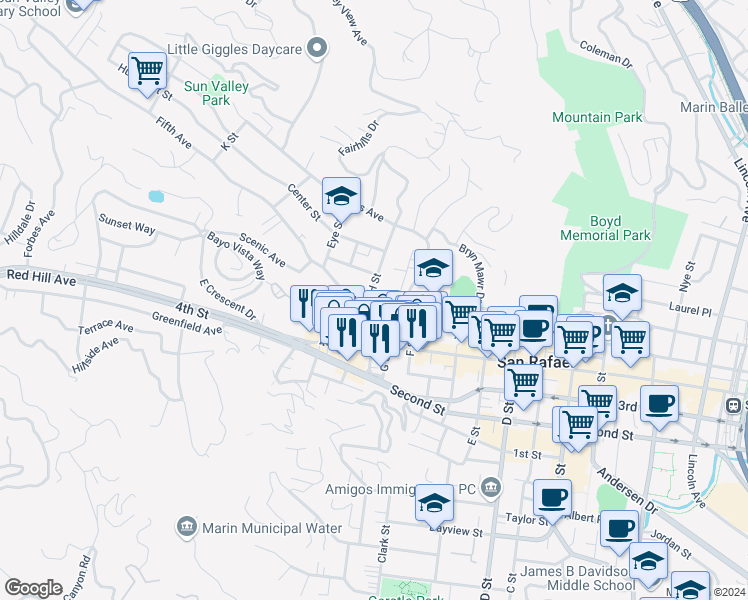 map of restaurants, bars, coffee shops, grocery stores, and more near 1721 Mission Avenue in San Rafael
