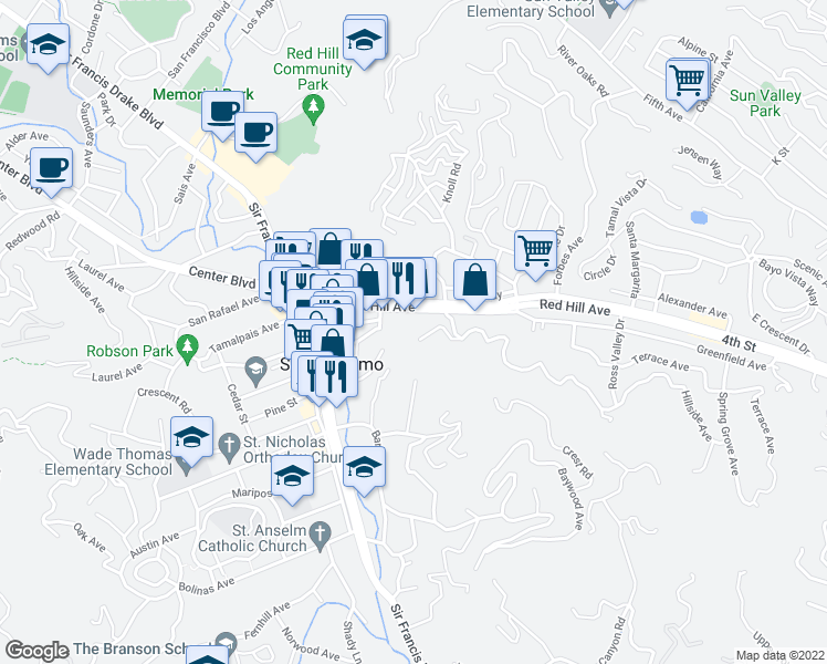 map of restaurants, bars, coffee shops, grocery stores, and more near 95 West Hillside Avenue in San Anselmo