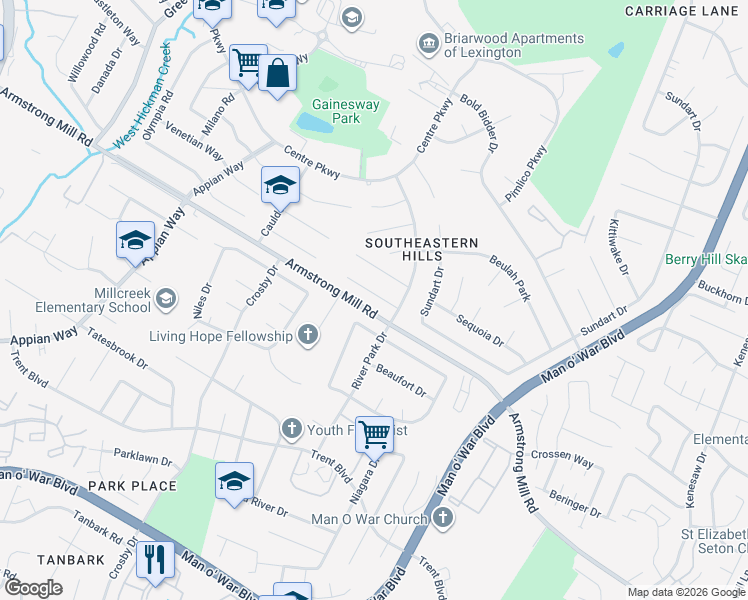 map of restaurants, bars, coffee shops, grocery stores, and more near 1268 Ascot Park in Lexington