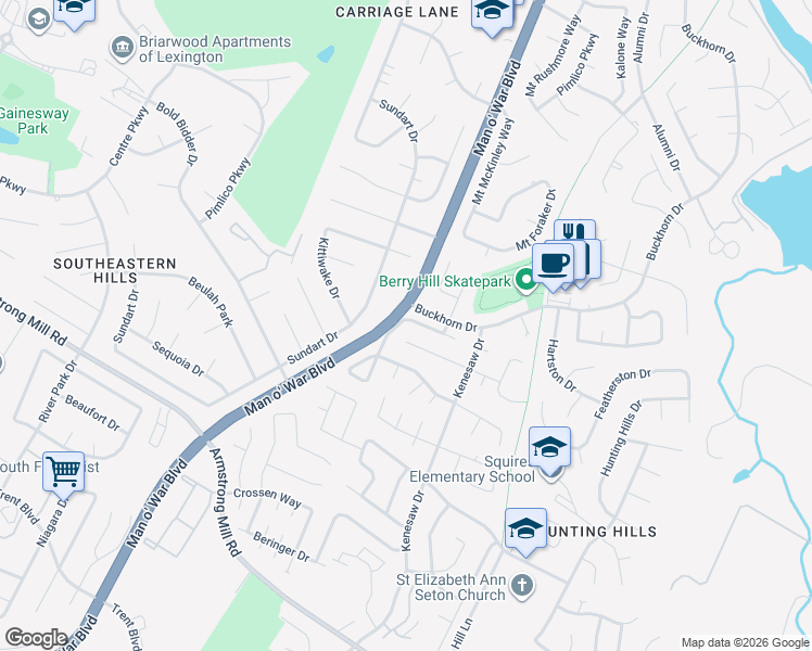 map of restaurants, bars, coffee shops, grocery stores, and more near 1552 Deer Lake Drive in Lexington