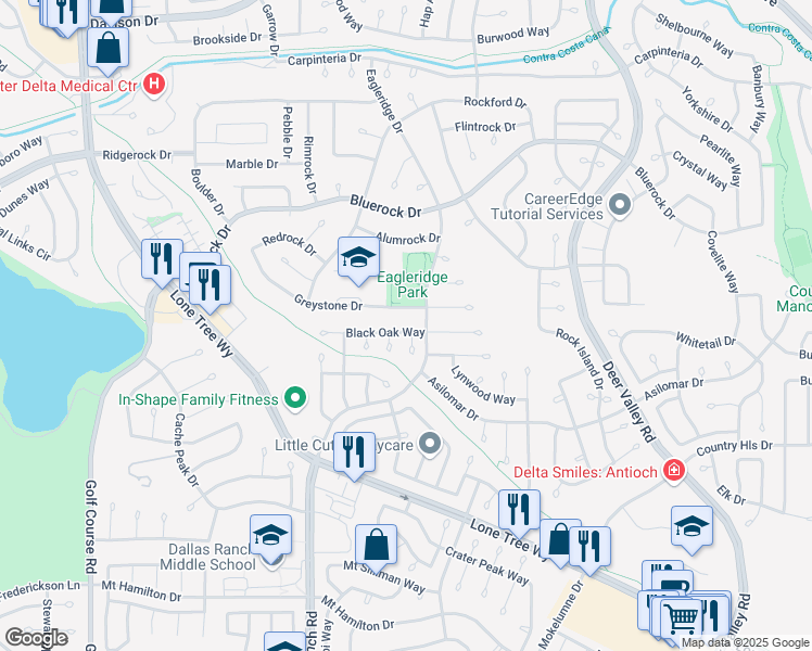 map of restaurants, bars, coffee shops, grocery stores, and more near 709 Black Oak Way in Antioch