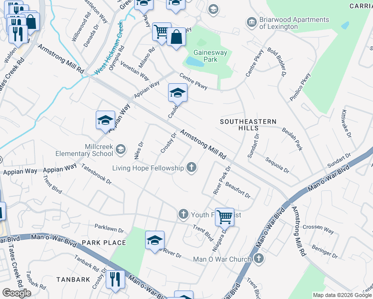 map of restaurants, bars, coffee shops, grocery stores, and more near 1348 Stephen Foster Drive in Lexington