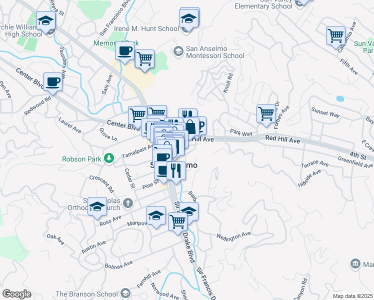 map of restaurants, bars, coffee shops, grocery stores, and more near 20 Lincoln Park in San Anselmo