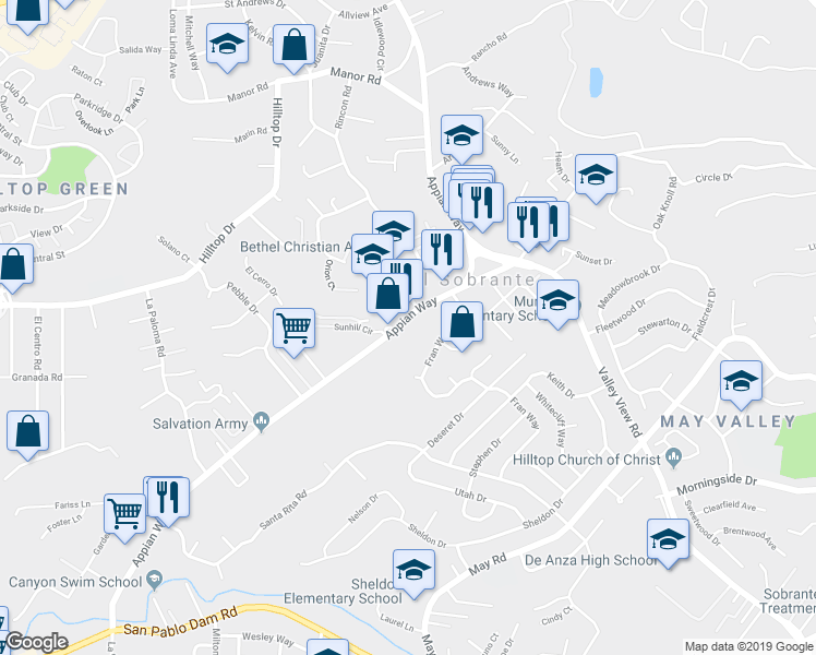 map of restaurants, bars, coffee shops, grocery stores, and more near 4950 Appian Way in El Sobrante